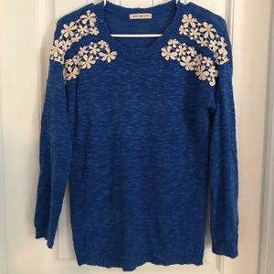 Vibrant Blue “Pink Rose” Sweater with Appliqué